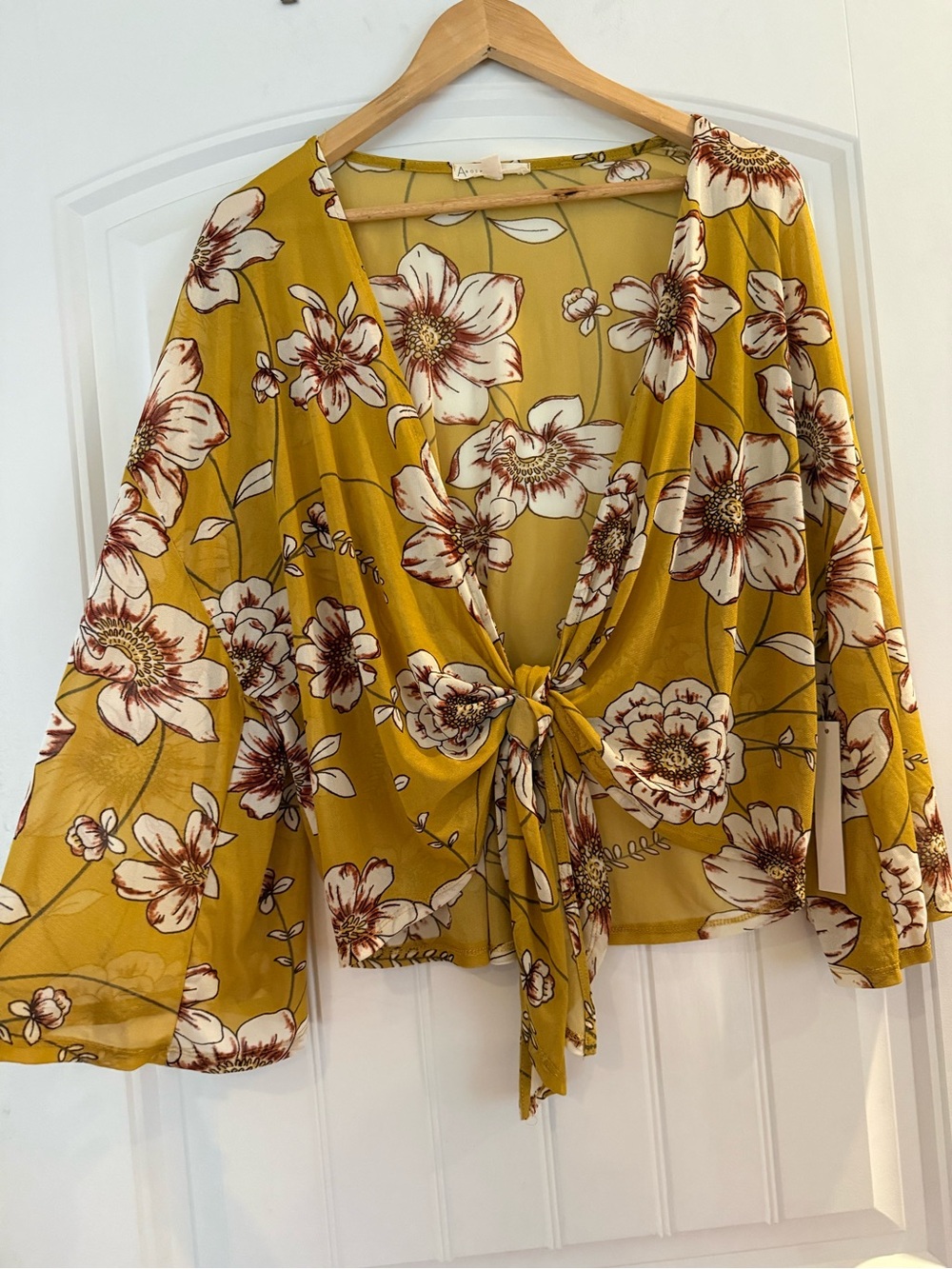 Sheer Floral Tie-Front Women's Top in Mustard NWT